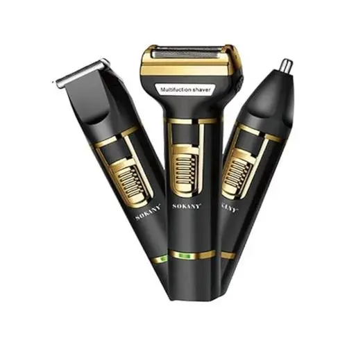 Sokany Rechargeable 3-in-1 Shaver with Attachments, Dry, Black and Gold - SK-9942