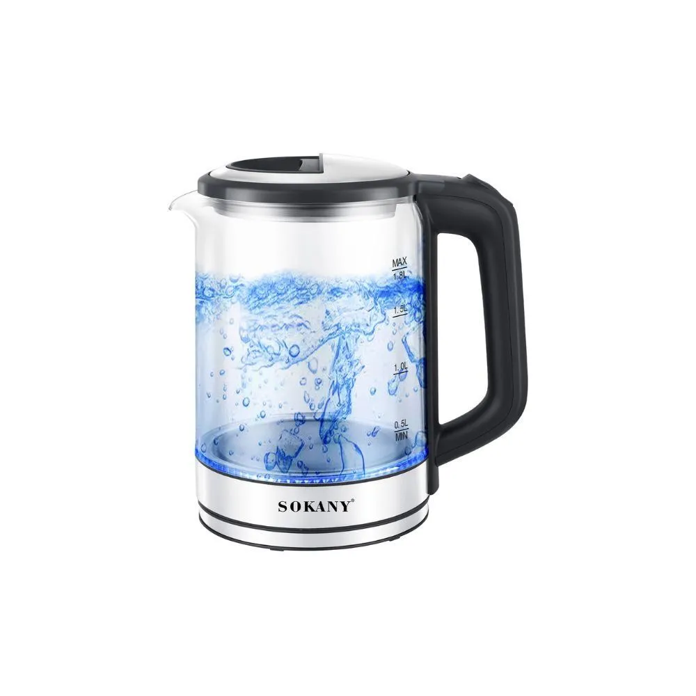 Sokany Glass Electric Kettle, 1.8 Liter, 1500 Watt, Silver - SK-09012 