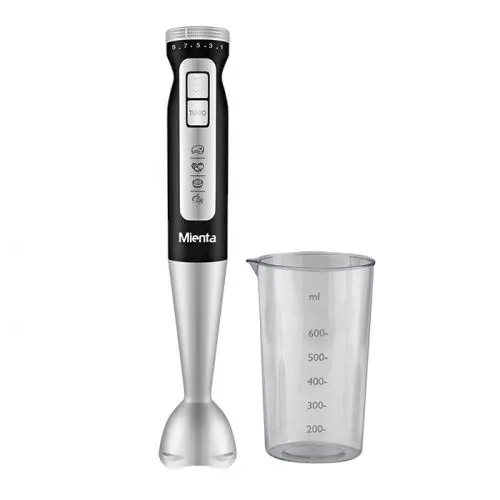 [HB111338A] Mienta Turbo Hand Blender with Beaker, 600ml, 1000 Watt, Black and Silver - HB111338A 