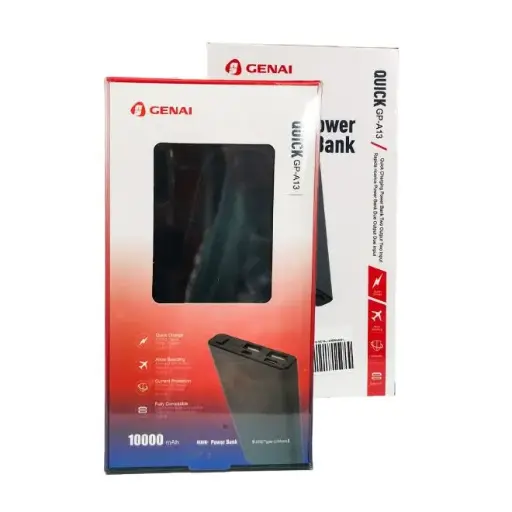 Genai Wired Power Bank, 10000 mAh, 3 Port, Dual USB-A + USB-C, 37 Watt, Black - GP-A13